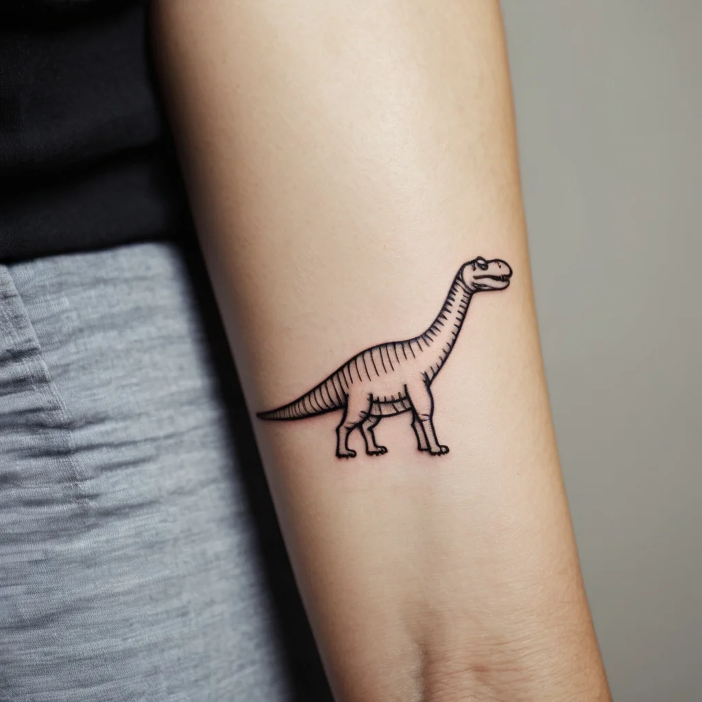 Minimalist dinosaur tattoo in black line art, featuring a long-necked dinosaur design on the inner forearm.