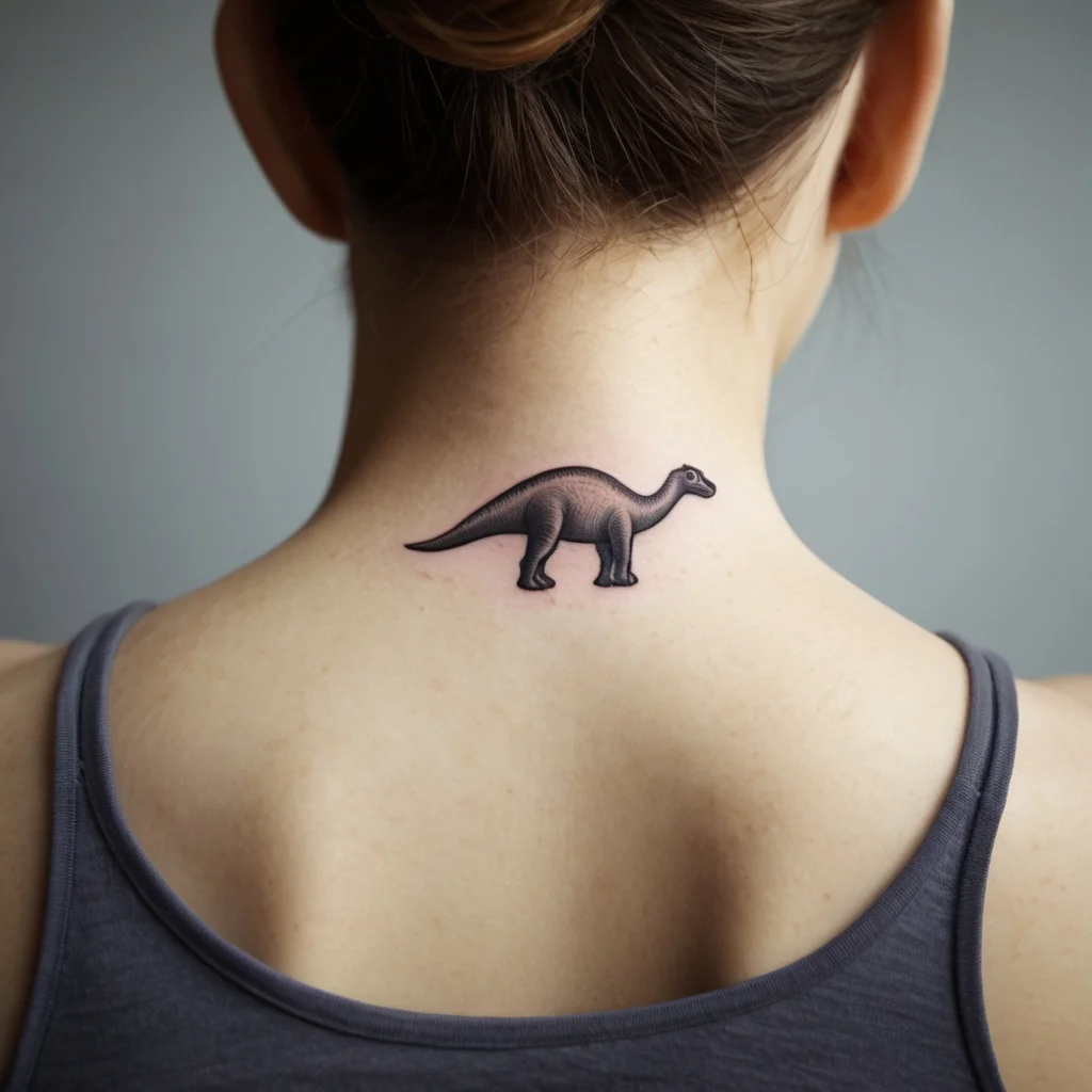 Tattoo of a small, shaded dinosaur on the upper neck, showcasing fine line work and detail, evoking a playful vibe.