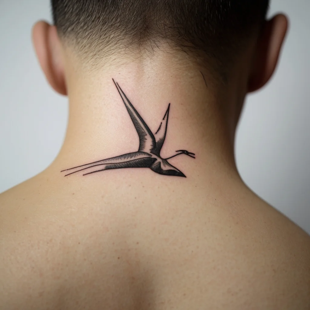 Minimalistic bird tattoo on the nape symbolizing freedom, with sharp lines and subtle shading for elegant movement.