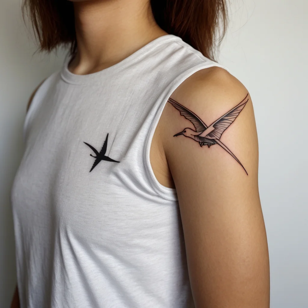 Tattoo on upper arm of a stylized, minimalistic bird in flight with extended wings in fine line detail.