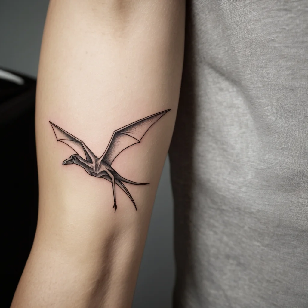 Minimalist pterodactyl tattoo on arm, featuring fine lines and subtle shading for a sleek, modern look.