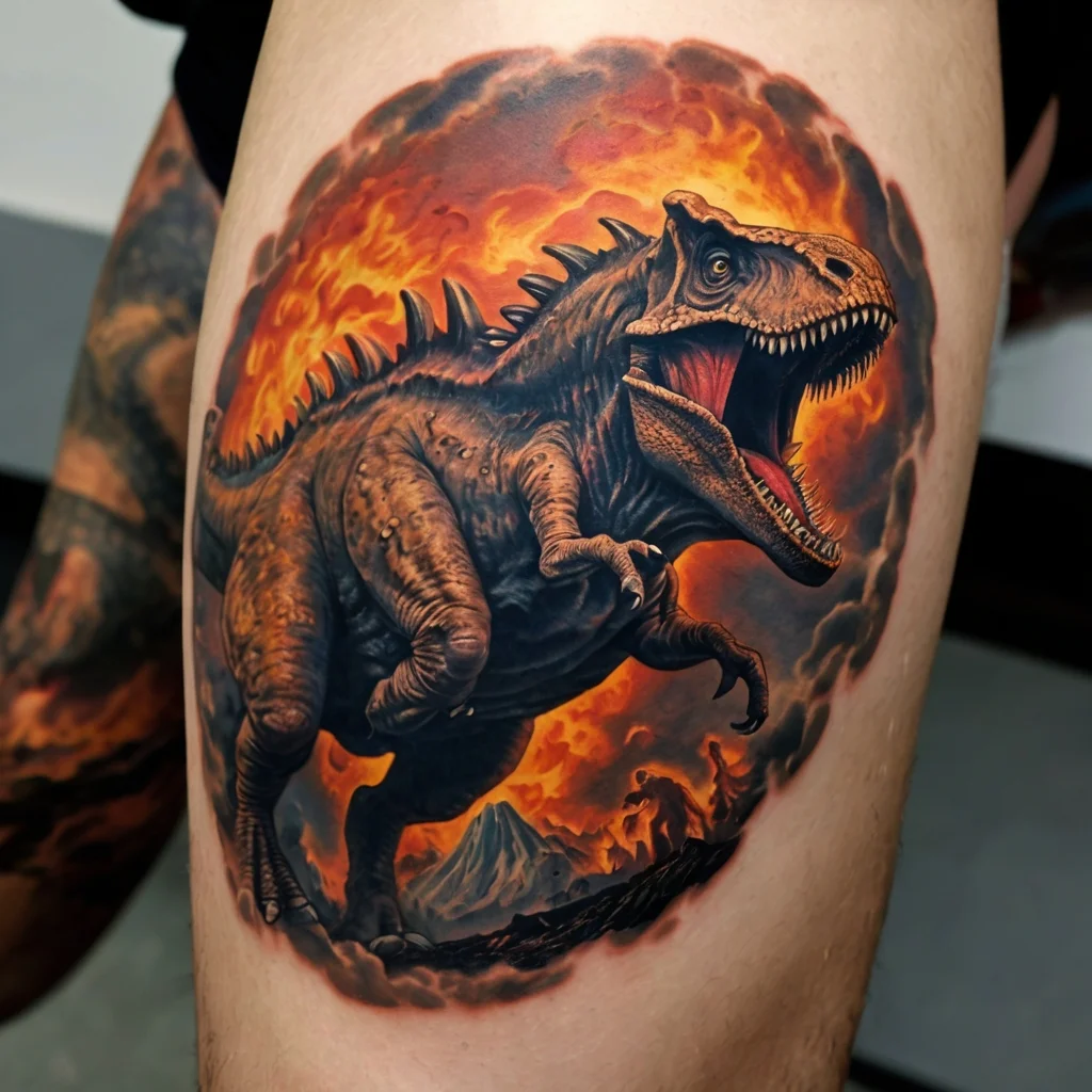 Vivid T-Rex tattoo roaring with fiery background, showcasing dynamic movement and intricate details in full color.