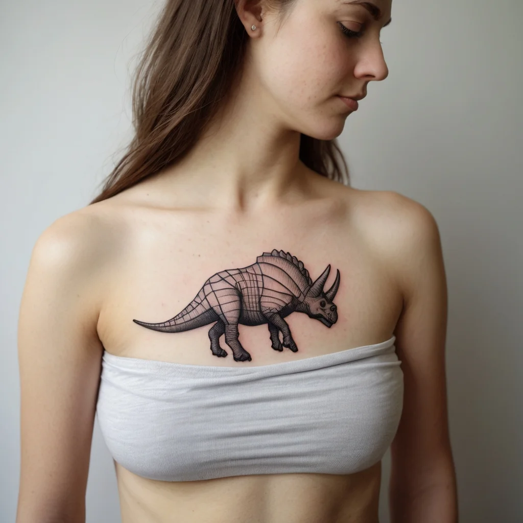 Geometric triceratops tattoo on chest, featuring intricate linework and shading for a 3D effect.