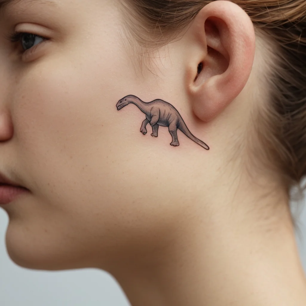 Small, detailed dinosaur tattoo behind the ear, featuring a minimalist gray sauropod with subtle shading.