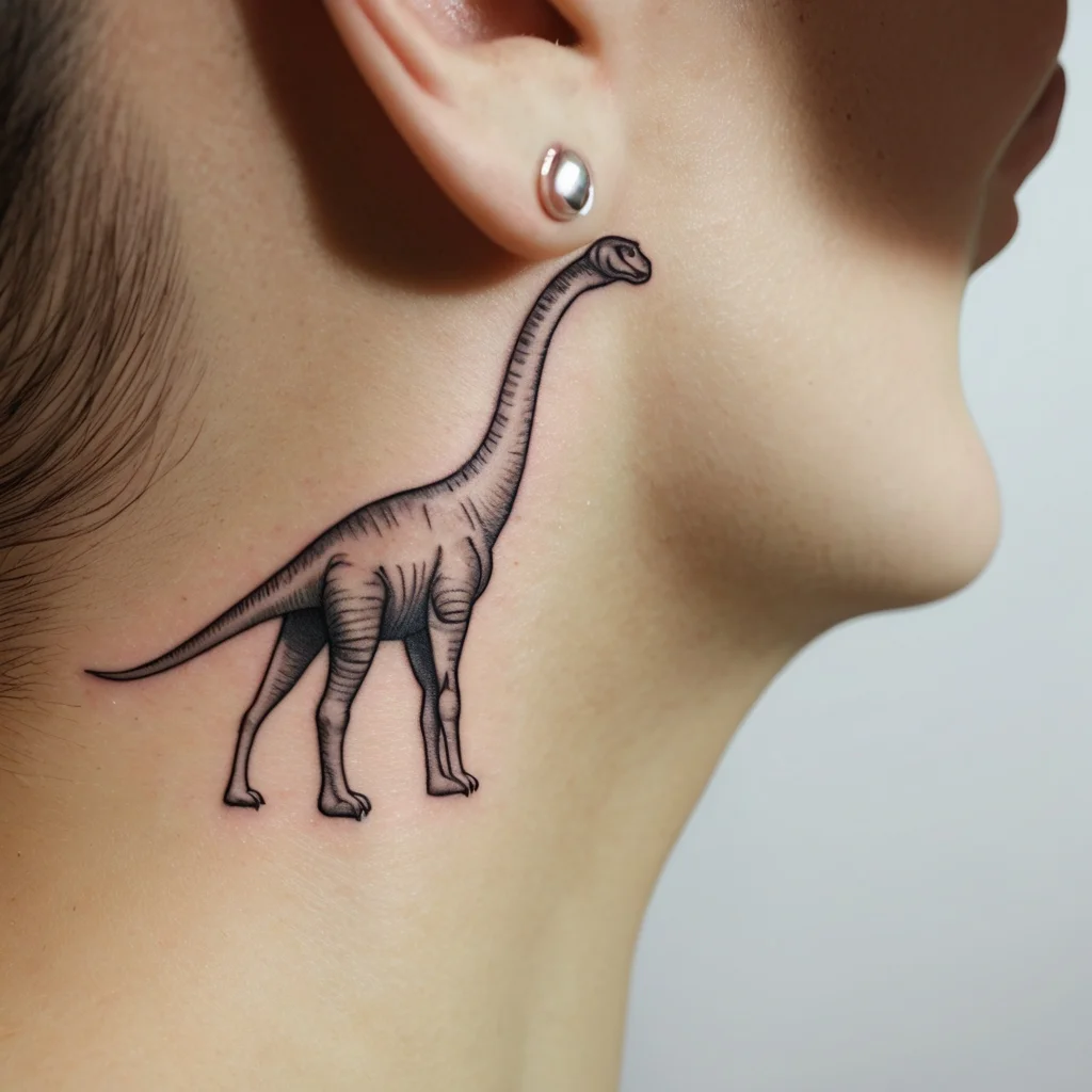 Delicate tattoo of a Brachiosaurus on the neck, showcasing intricate shading and a graceful, long neck near the ear.