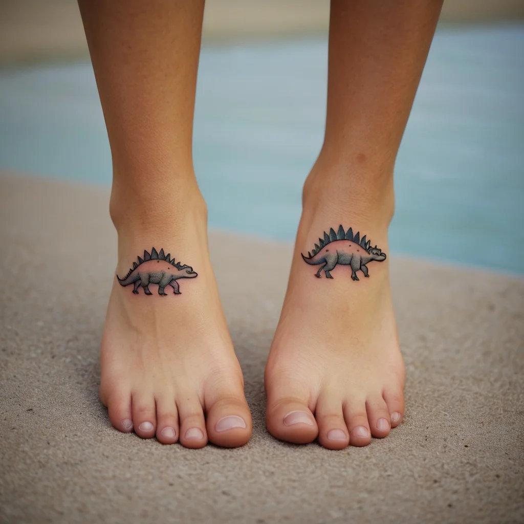 Matching stegosaurus tattoos on feet, colorful with green and pink hues, showcasing playful symmetry and creativity.