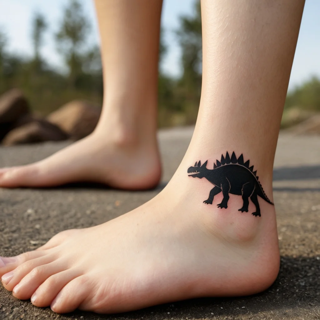 Black silhouette stegosaurus tattoo on the ankle, featuring detailed spikes and a minimalist design for a bold look.