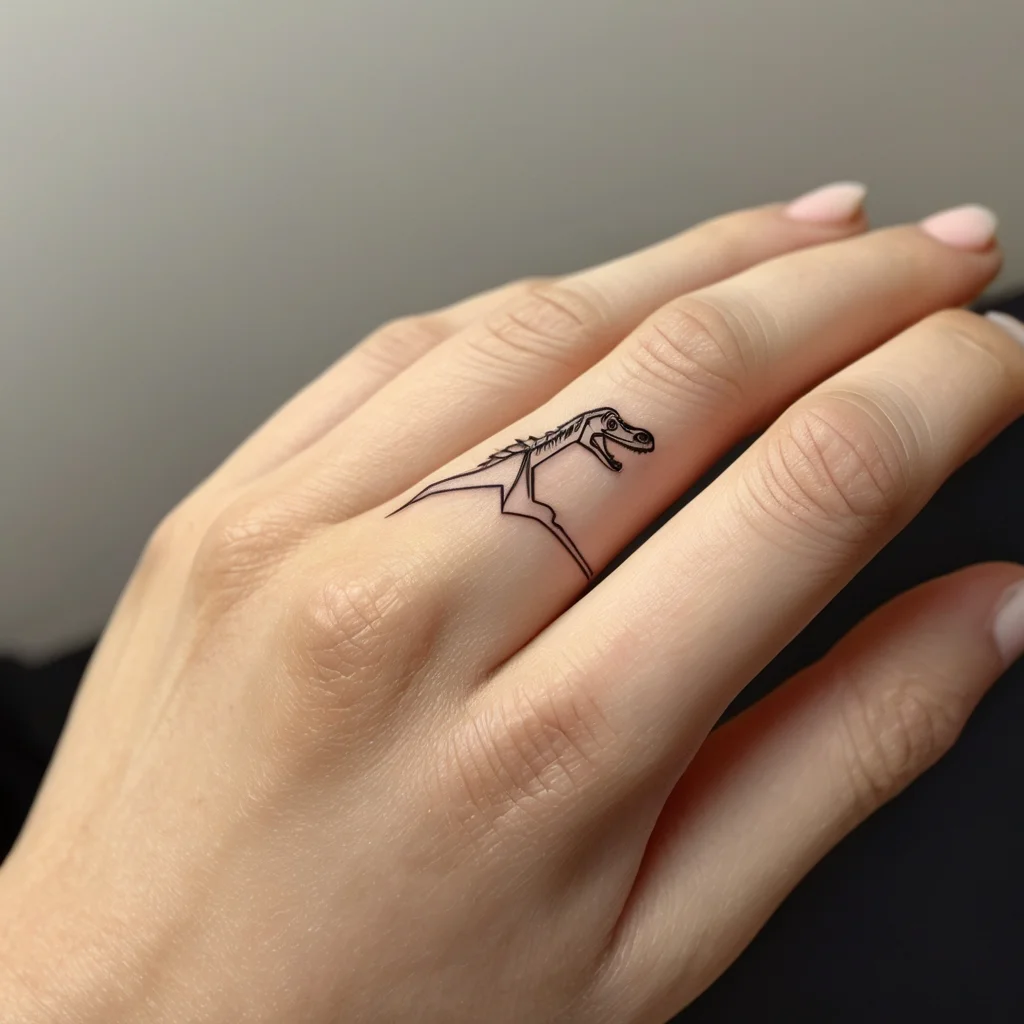 Minimalist dinosaur silhouette tattoo on a finger, featuring clean lines and an angular design.