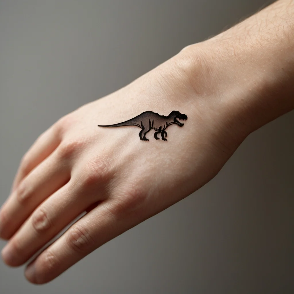 Minimalist black T-Rex silhouette tattoo on the back of the hand, symbolizing strength and fascination with dinosaurs.