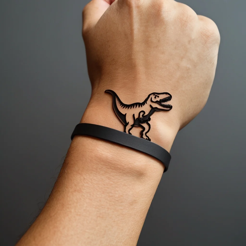 Minimalist T-Rex tattoo in black ink on wrist, featuring bold lines and playful design, paired with a black wristband.