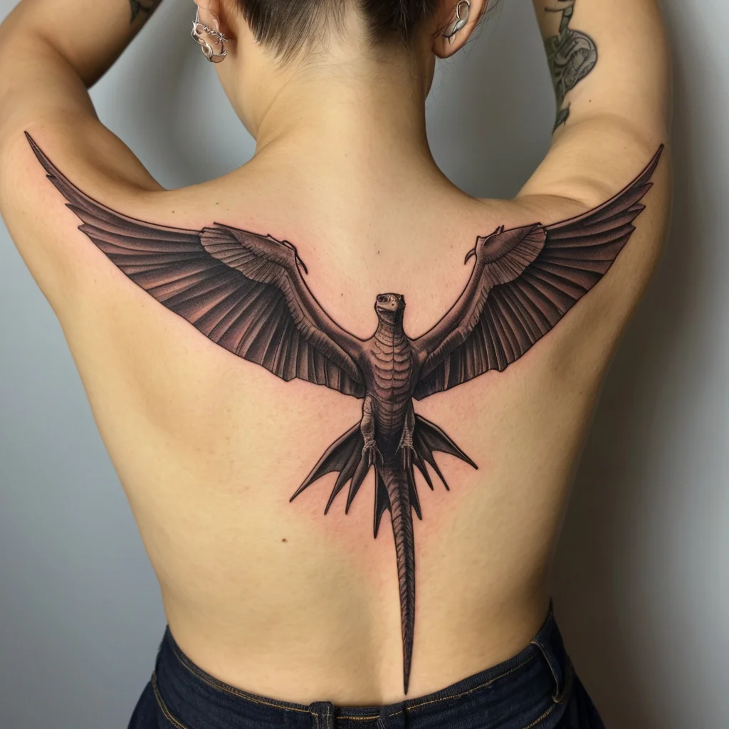 Tattoo of a detailed winged creature, possibly a dragon or mythical bird, spanning across the upper back with outstretched wings.