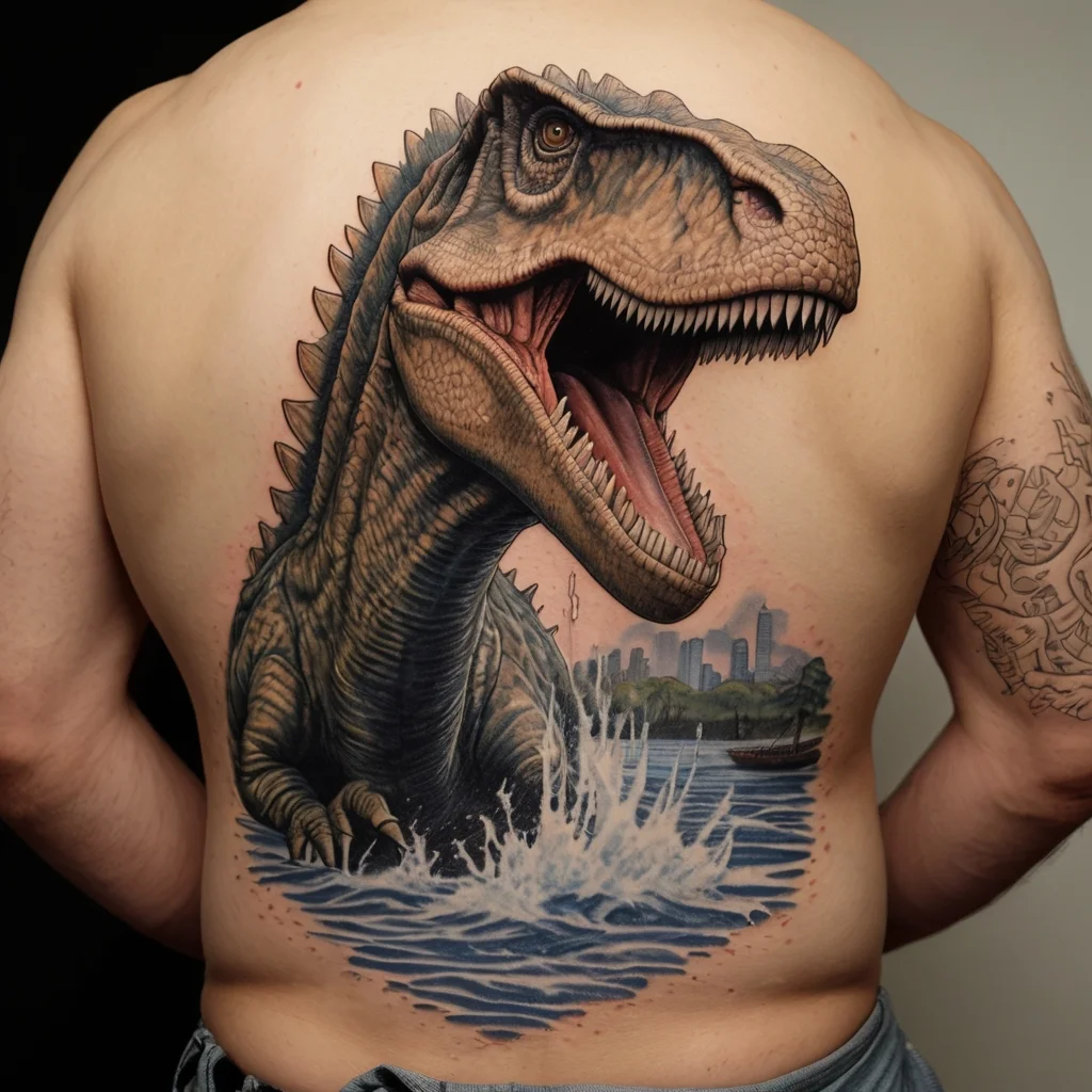 Realistic T-Rex tattoo splashing from water, city skyline in background, detailed scales and fierce expression on upper back.