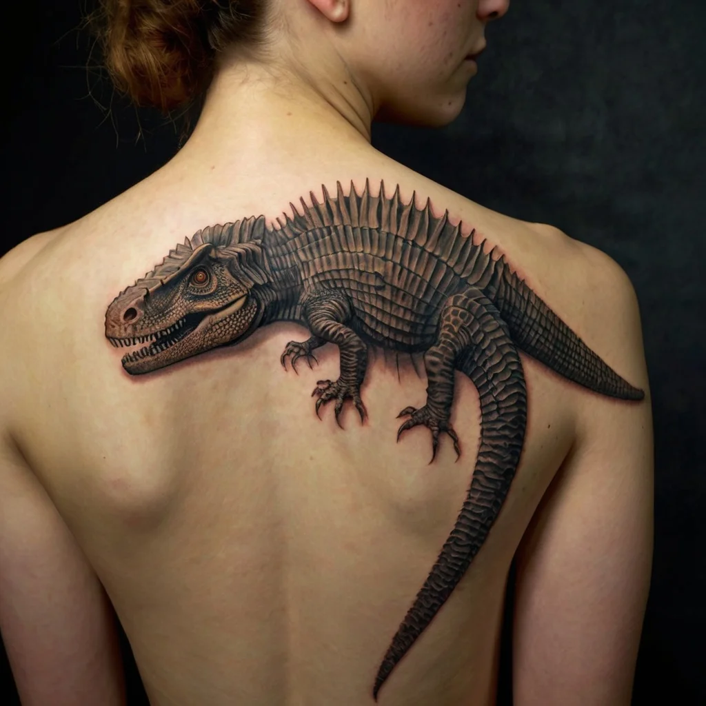 Realistic dinosaur tattoo on back, showcasing intricate scales and texture with a dynamic, lifelike pose.