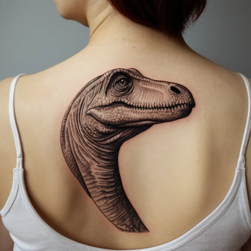 Realistic dinosaur head tattoo on the back, detailed scales and shading, creating a lifelike, fierce appearance.