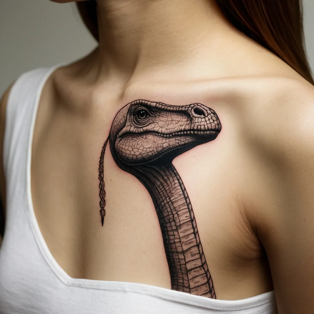 Detailed dinosaur head tattoo on the collarbone; realistic scales and texture showcase artistic precision and style.