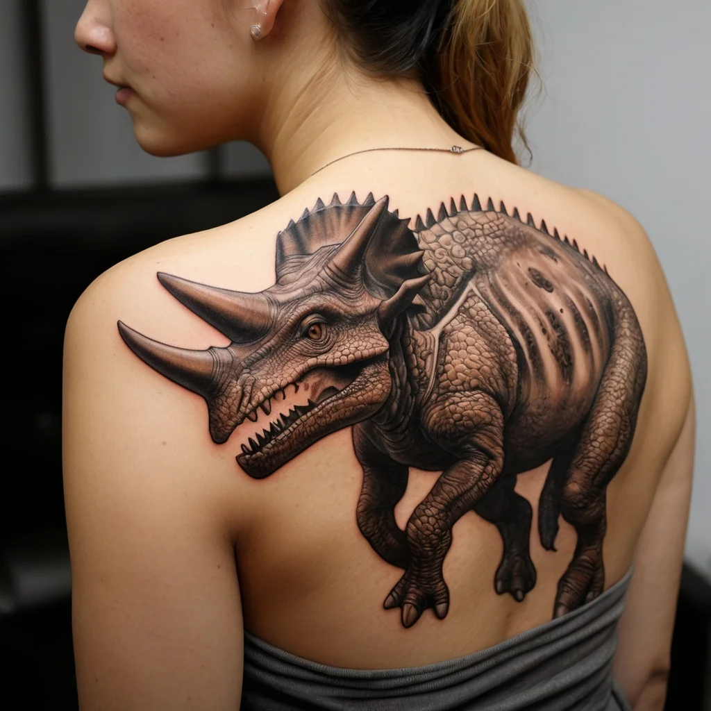 Realistic Triceratops tattoo on shoulder, featuring detailed shading and texture, giving a lifelike, 3D prehistoric look.