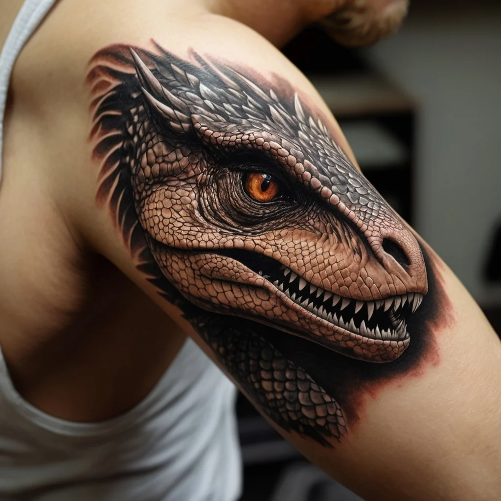 Realistic dragon head tattoo on upper arm, featuring detailed scales, intense orange eye, and sharp teeth, with shadowing.