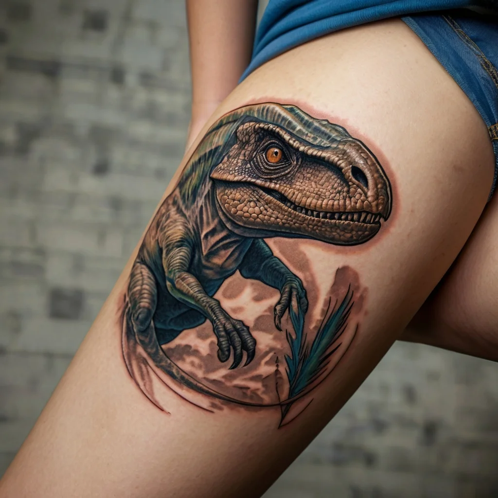 Realistic raptor tattoo on thigh, showcasing intricate scales and sharp claws, framed by abstract foliage.