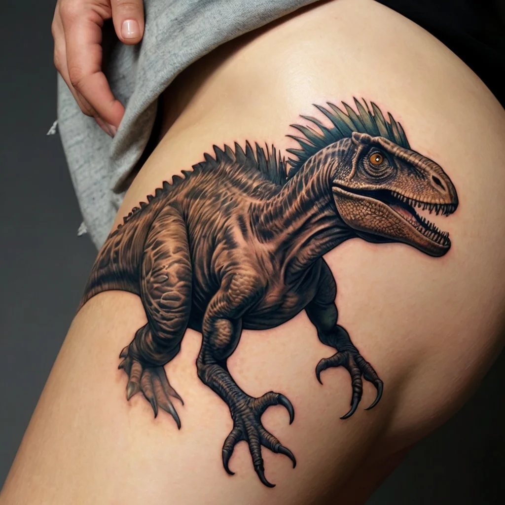 Realistic velociraptor tattoo on upper thigh, featuring detailed scales, fierce eyes, and vivid coloration for a dynamic look.