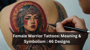 Tattoo of a fierce female warrior with detailed headpiece, red accents, and a circular background, symbolizing strength.
