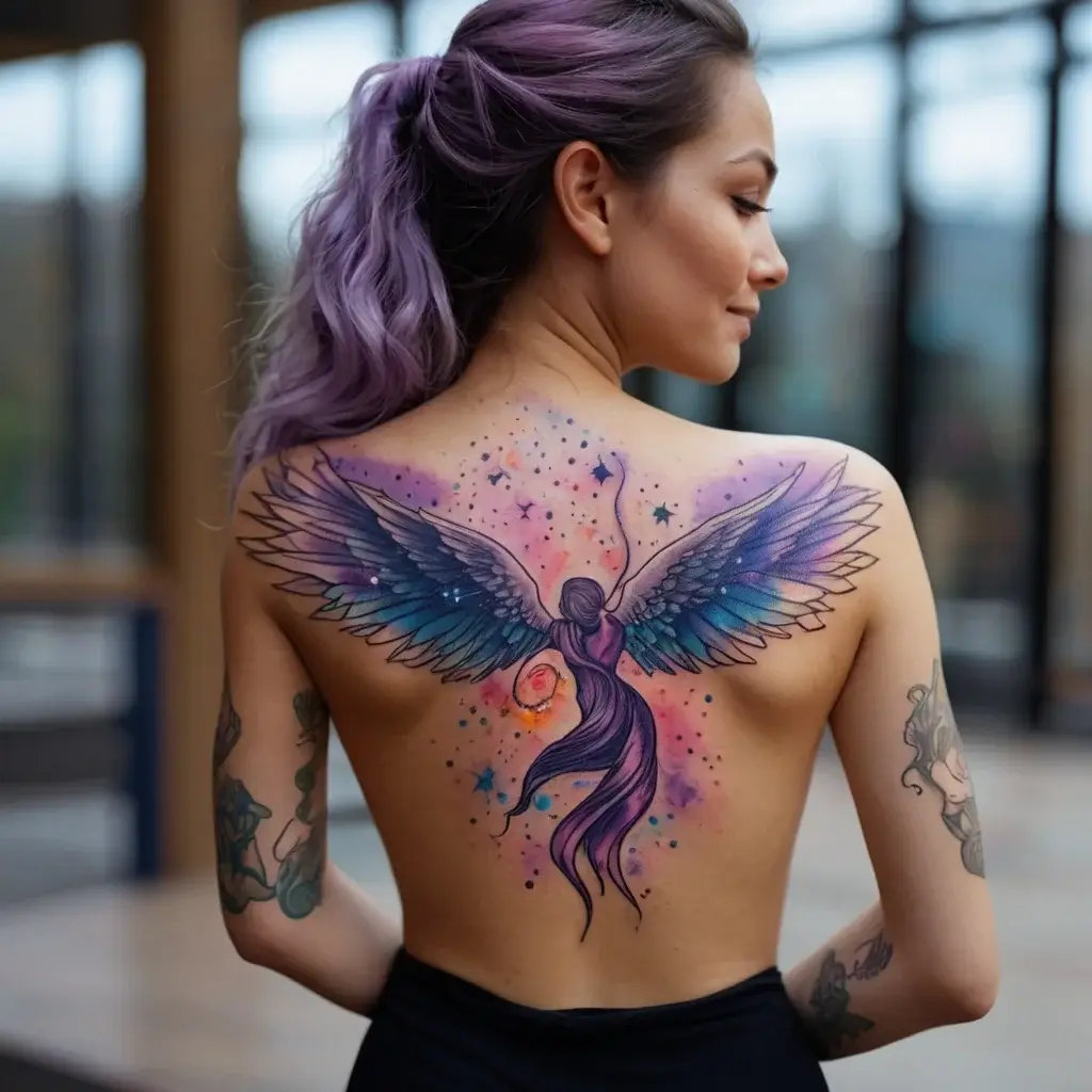 Colorful angel with detailed wings spreads across back; vibrant hues blend into a cosmic background with stars and swirls.