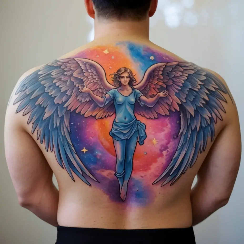 Tattoo of a vibrant cosmic angel with large wings, set against a colorful space backdrop, covering the entire back.