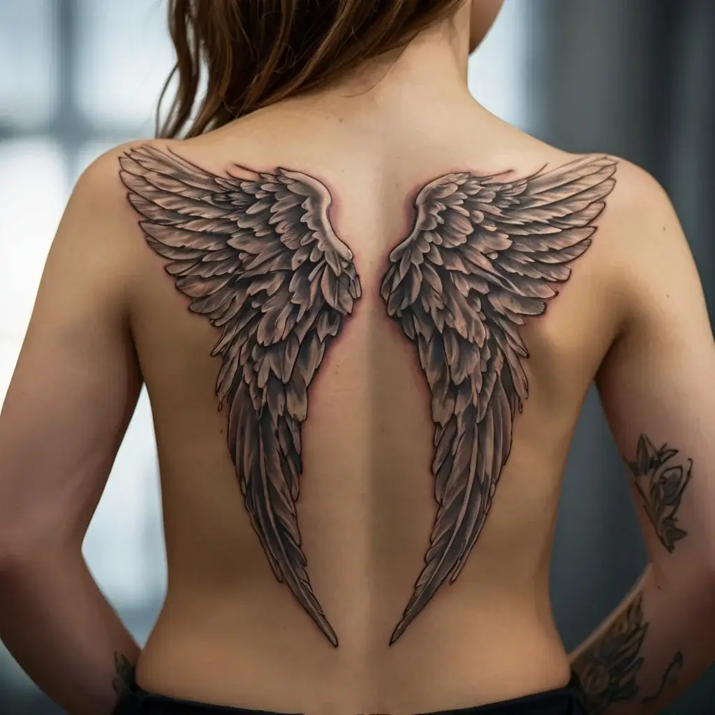 Realistic angel wings tattoo spanning the upper back, showcasing intricate feather details and a 3D effect.