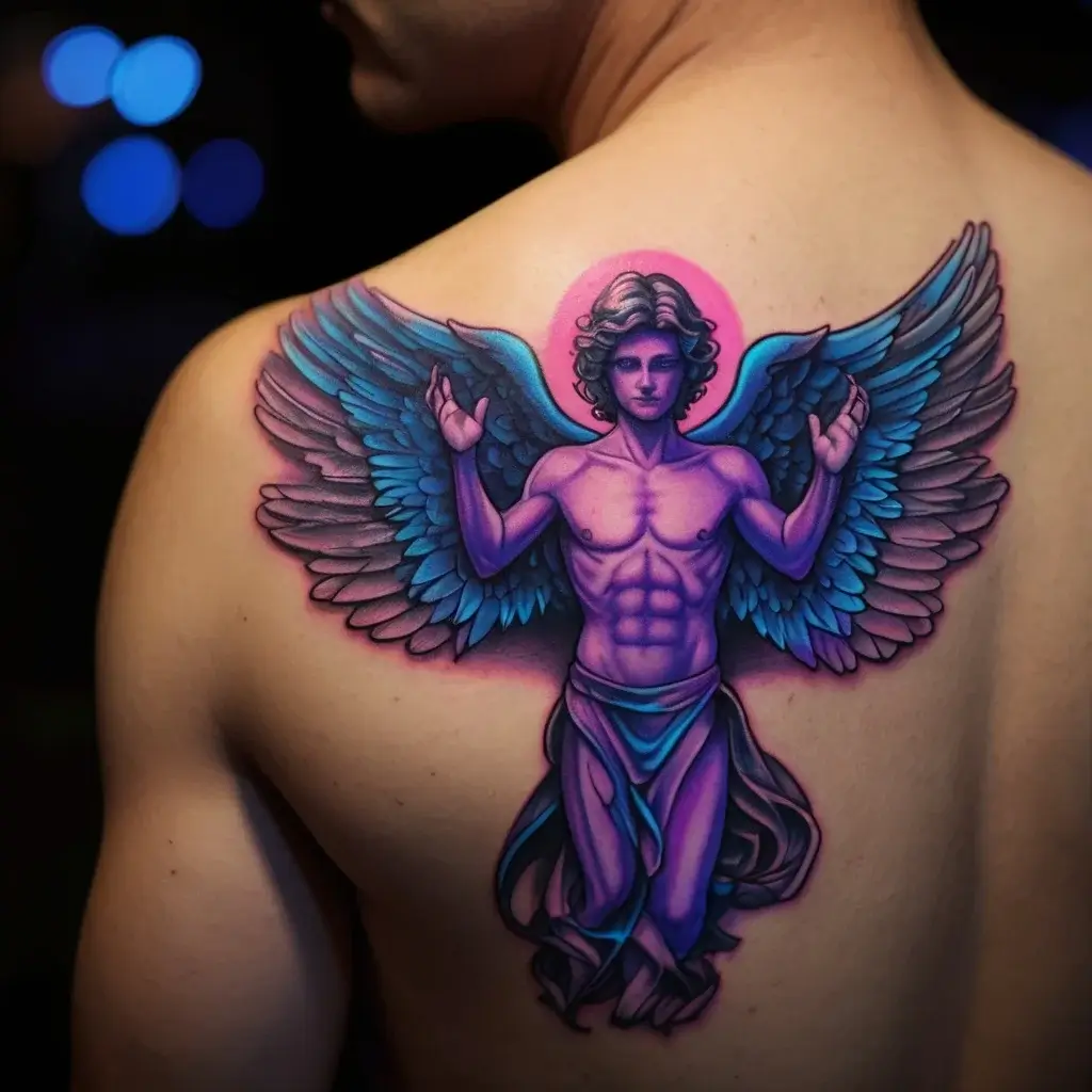 Tattoo of a purple angel with blue wings, arms raised, set against a pink halo, on the upper back.