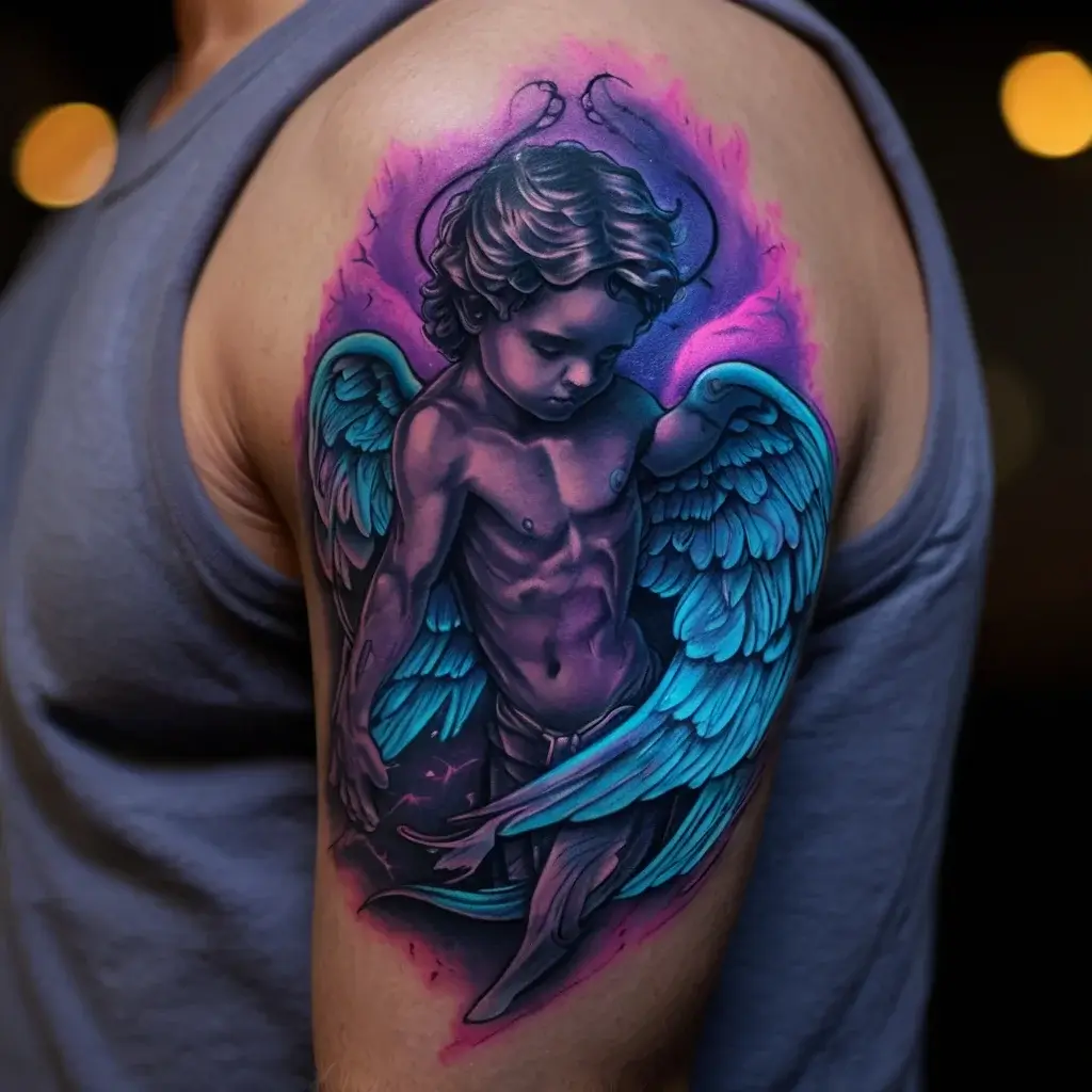 Tattoo of a realistic cherub with detailed blue wings and a purple aura on the shoulder, highlighting intricate shading.