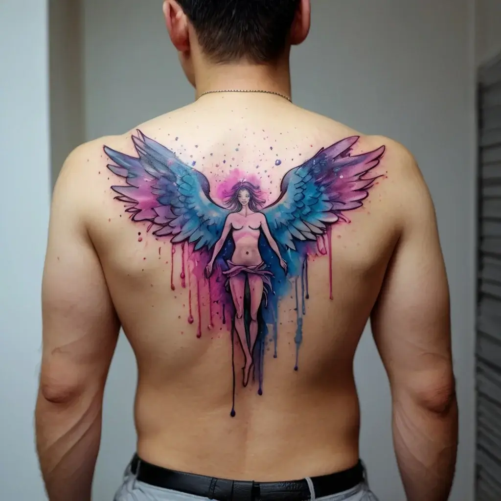 Colorful angel tattoo on back, featuring outstretched wings in pink and blue hues with a dripping watercolor effect.