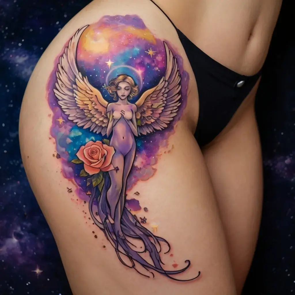 Colorful celestial angel with wings, standing by a rose, against a galaxy background on the thigh.