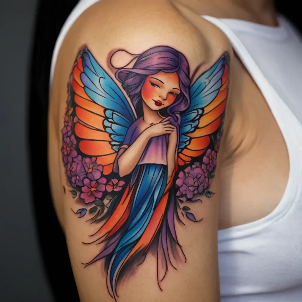 Colorful fairy tattoo with vibrant orange and blue wings, purple hair, and surrounded by violet flowers on the arm.