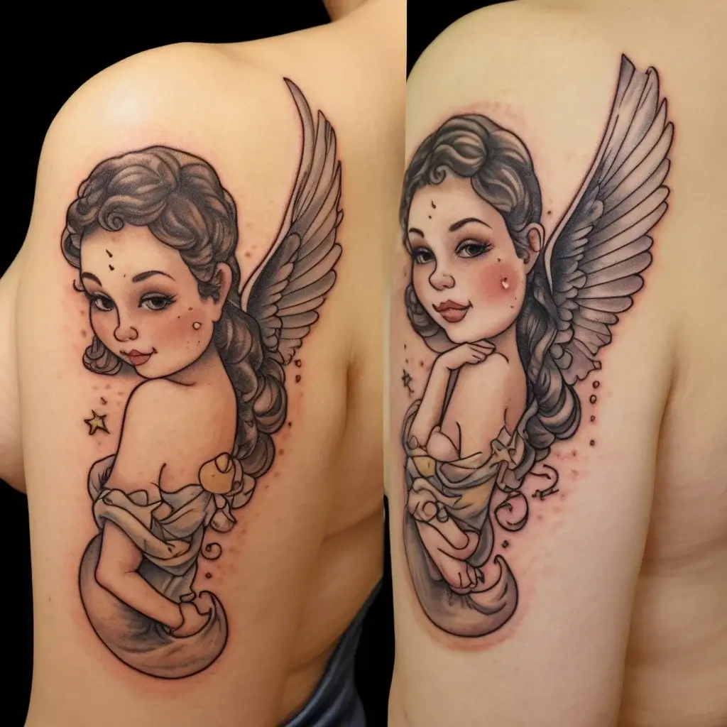 Tattoo of a pin-up style angel with intricate wings, sitting on a crescent moon, surrounded by stars.