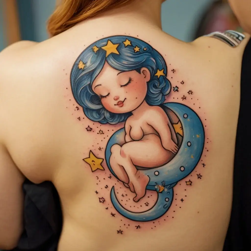 Whimsical tattoo of a celestial girl with blue hair and stars, curled on a crescent moon, adorned with soft pastel colors.