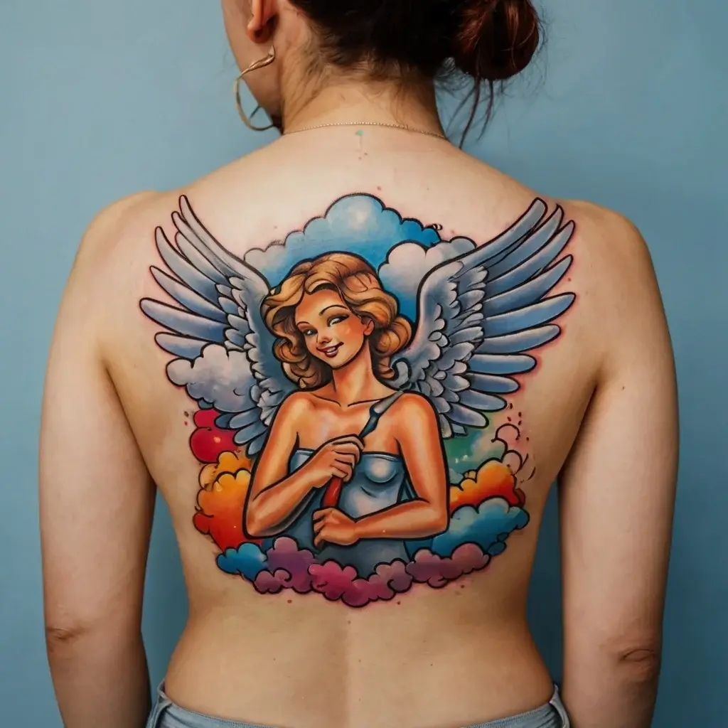 Colorful tattoo of an angel with wings surrounded by clouds, painted on a woman's back, symbolizing hope and protection.