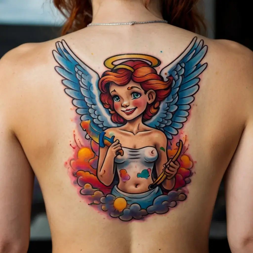 Colorful angel tattoo featuring vibrant blue wings, a halo, and a bow, set against a cloud backdrop on the back.