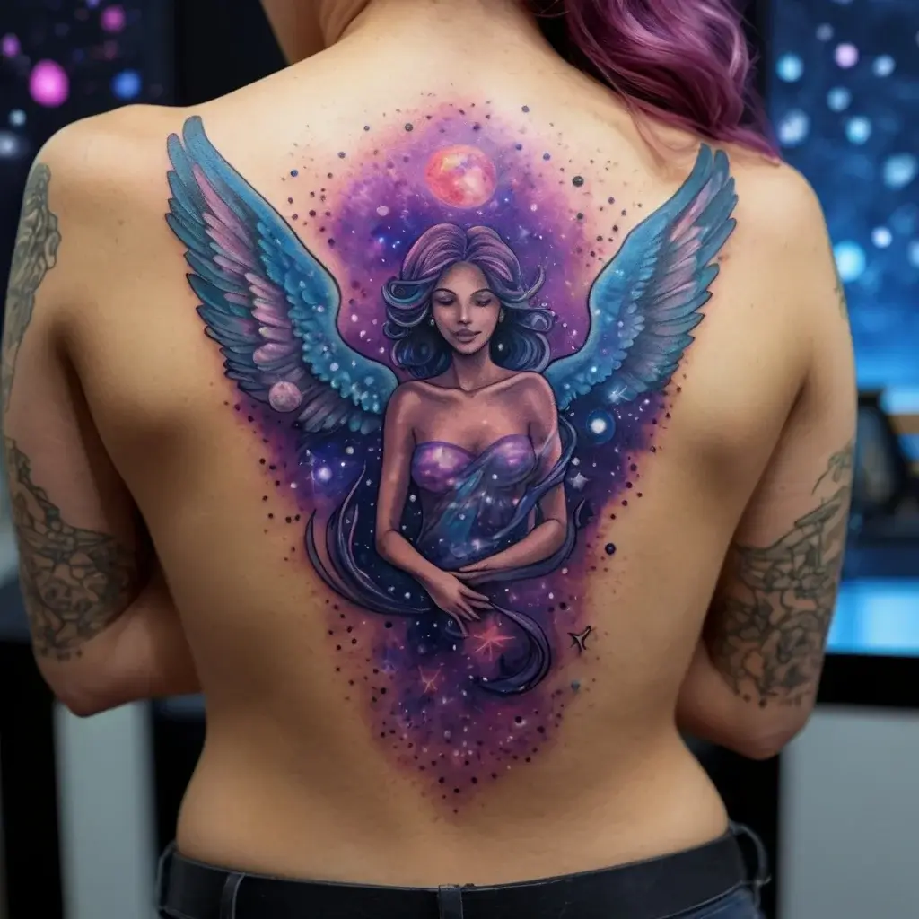 Vibrant tattoo of an ethereal angel with blue wings, set in a cosmic background with stars and planets adorning a woman's back.