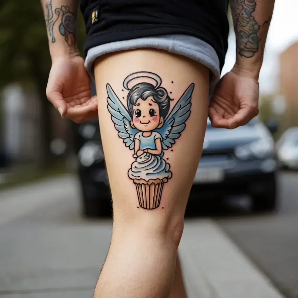 Cute angel tattoo with blue wings and halo, perched on a cupcake; playful and colorful design on the thigh.