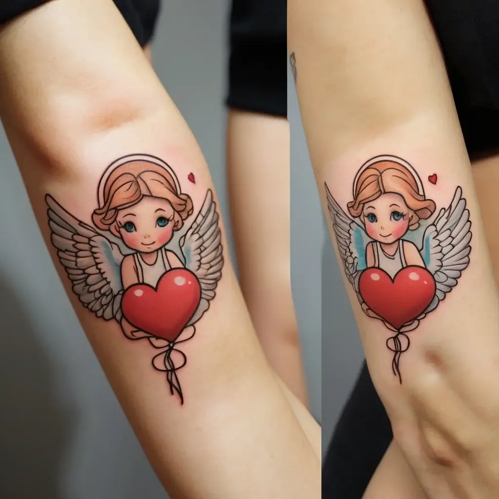 Tattoo of a cherubic angel with wings holding a red heart, accented by a small floating heart above.