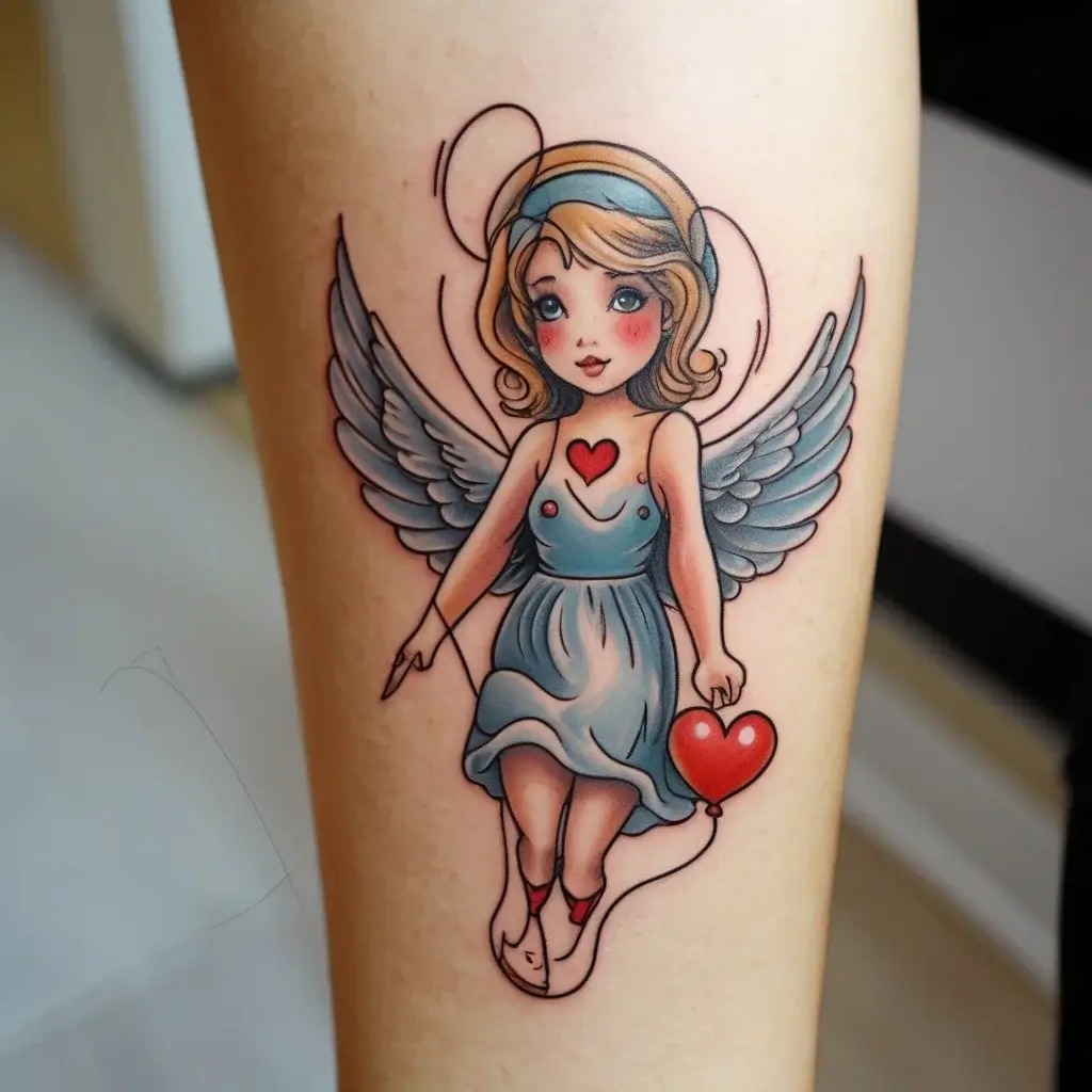 Tattoo of a cute, winged angel girl in a blue dress holding a heart balloon. A red heart is on her chest.