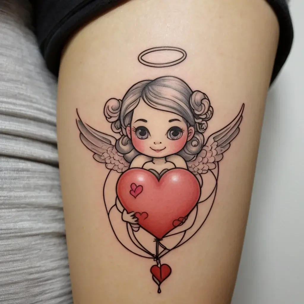 Tattoo of a cute angel holding a pink heart balloon, with wings and a halo, blending whimsical and sweet elements.