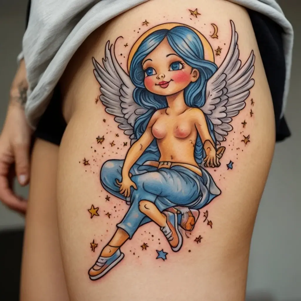 Tattoo of a cartoon angel with blue hair and wings, wearing jeans, surrounded by stars and a crescent moon.