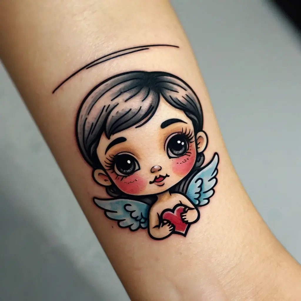 Tattoo of a cute angel with large eyes, holding a red heart, with small blue wings and a single line above its head.