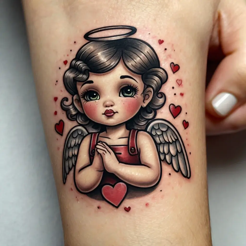 Tattoo of a cherubic angel with a halo, clasped hands, and hearts around it, symbolizing innocence and love.