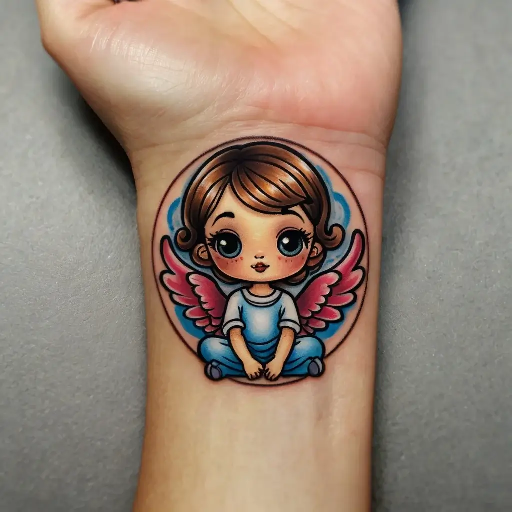 Tattoo of a cute angelic child with pink wings, big eyes, seated in a circle with a blue background on the wrist.