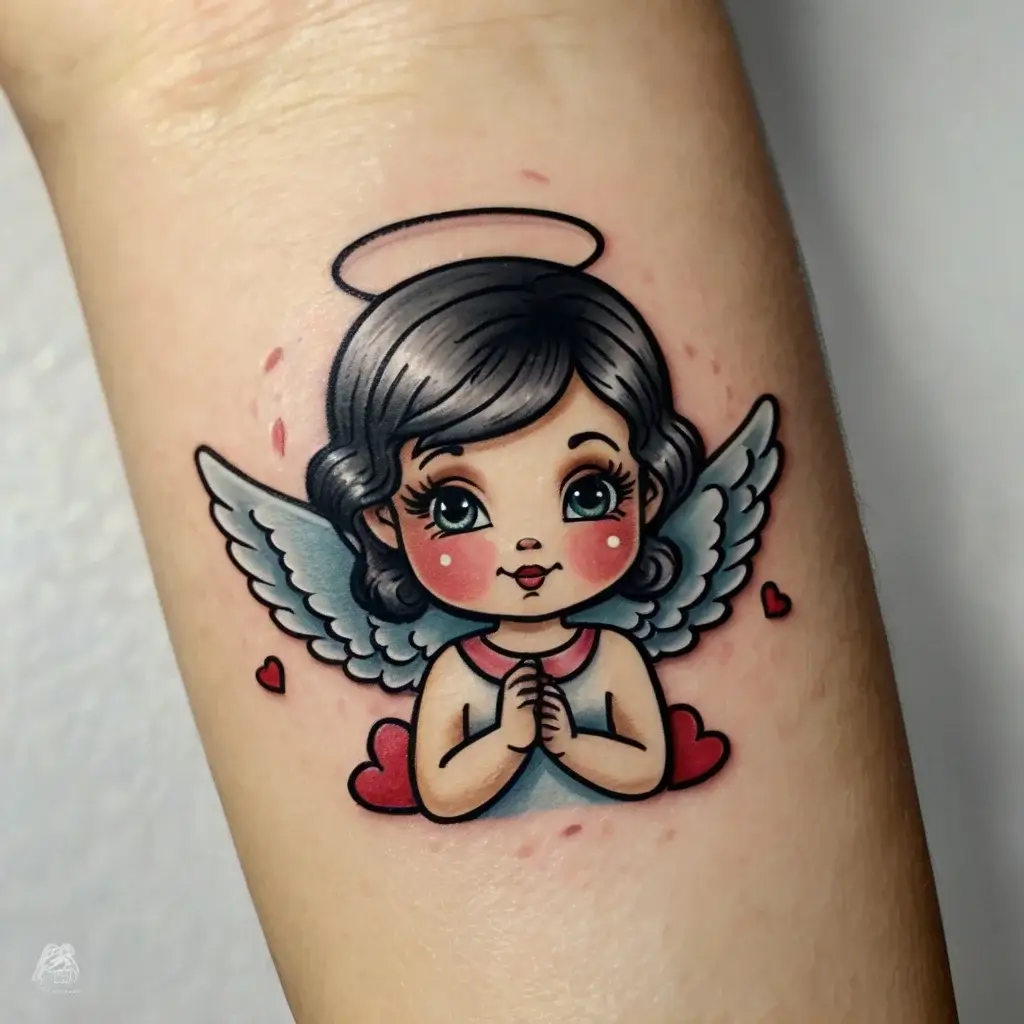 Cute angel tattoo with dark hair, halo, and wings, surrounded by red hearts, symbolizing innocence and protection.