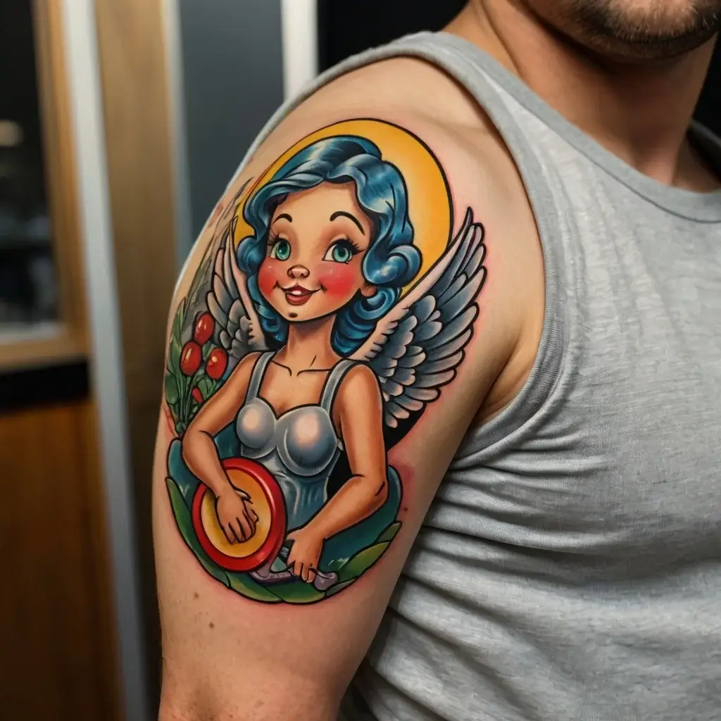 Colorful tattoo of a cartoon angelic figure with blue hair, wings, and a golden halo, holding a red shield with roses.