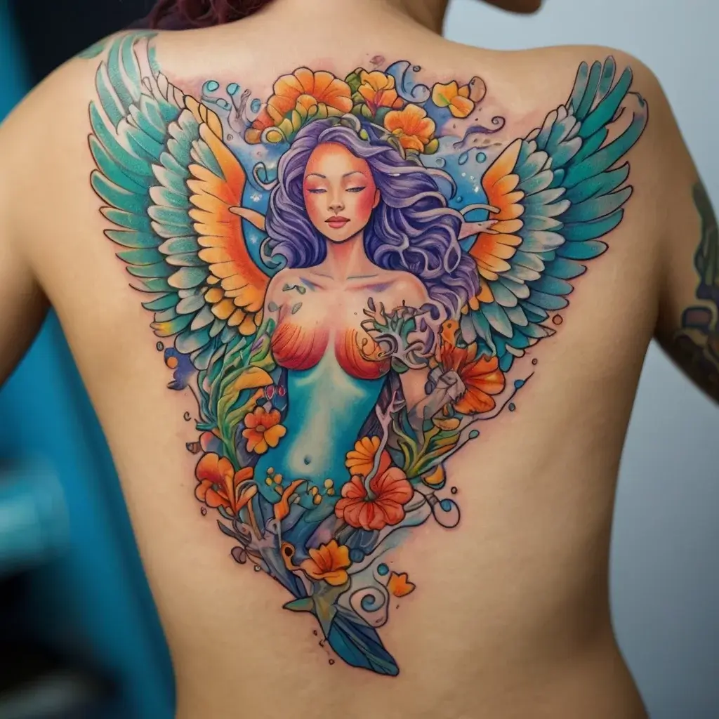 Colorful tattoo of a serene mermaid with wings, surrounded by vibrant flowers and oceanic elements on the back.