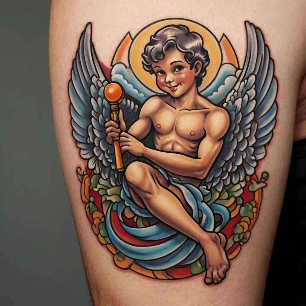 Tattoo of a cherubic angel with wings, holding a staff, surrounded by colorful clouds and a halo.