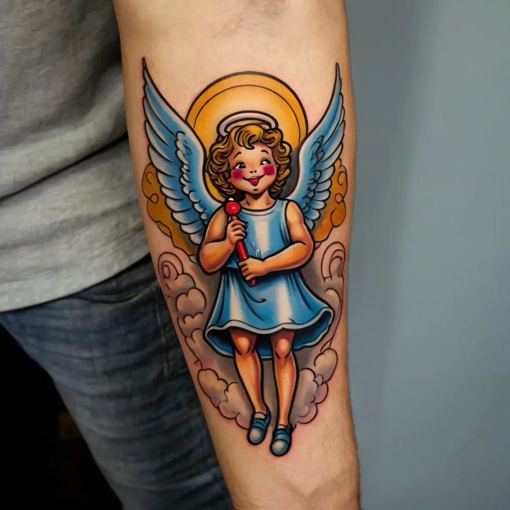 Tattoo of a cartoon angel with halo, blue dress, holding a red lollipop, set against clouds on a forearm.